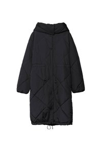 Czarna pikowana kurtka puchowa z wysokim kołnierzem, zatrzaskami, dwoma bocznymi kieszeniami oraz regulowanym sznurkiem w talii i na dolnym brzegu.