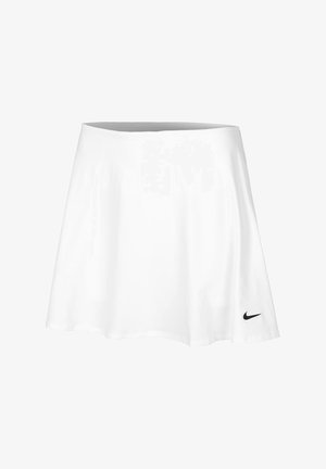 White tennis skirt made of lightweight fabric, featuring a flared design and an elastic waistband. A small black Nike logo is at the hem.