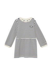 Gestreiftes Kleid in Marineblau und Creme mit langen Ärmeln, das eine geraffte Taille und ein kleines gesticktes Pferd auf der Brust hat. Aus weichem Baumwollstoff.