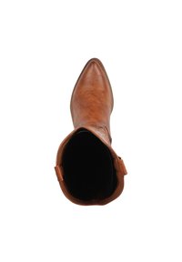 Bota de cowboy de cuero marrón con punta afilada, detalles de costura visibles y un acabado suave. El interior es negro y no tiene adornos adicionales.