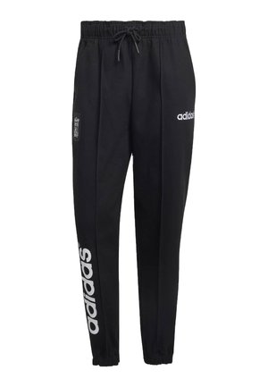 Černé tepláky Adidas s elastickým pasem a manžetami, bílým logem Adidas na stehně a velkým vertikálním nápisem na levé noze, znak Liverpool FC na boku.