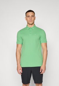 Grön polo skjorta med krage och tre knappslut, korta ärmar och liten logotypdetalj. Buren med mörka shorts.