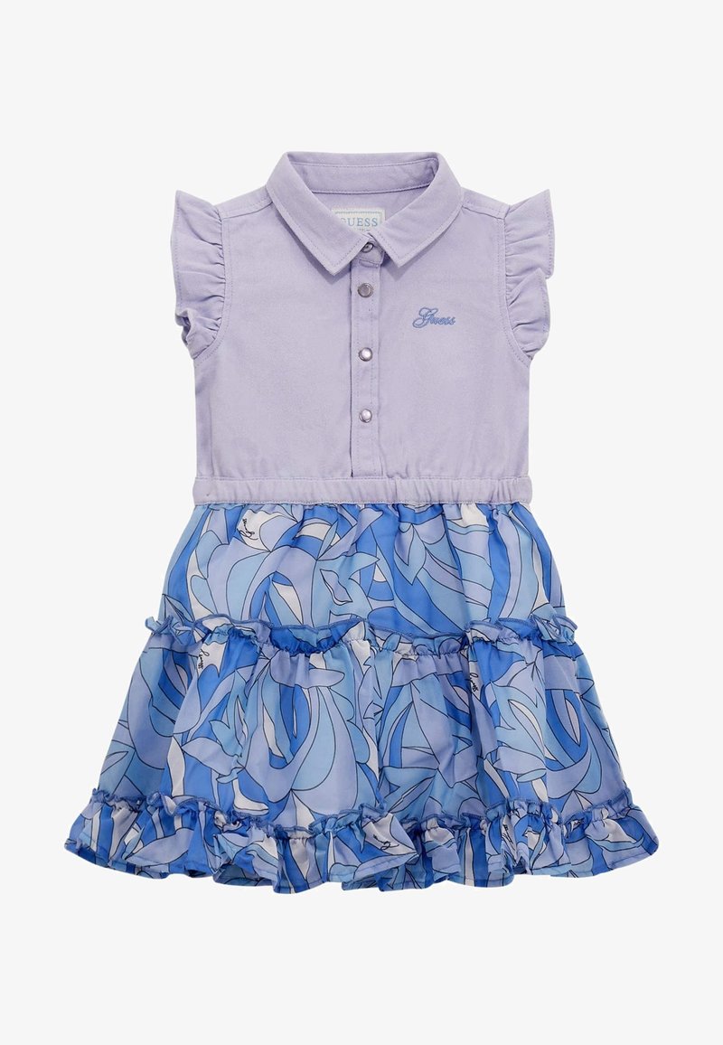Fioletowa sukienka z kołnierzykiem i falbanistymi rękawami; niebieska spódnica w kwiatowy wzór z warstwowymi falbanami; posiada zapięcie na guziki i logo marki.