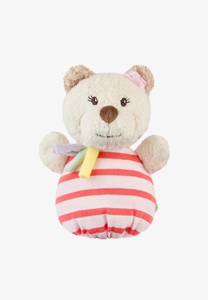 Plush teddy bear with beige curly ears, brown nose, pink-striped body, wearing pastel-colored scarf and pink flower accessory on ear.