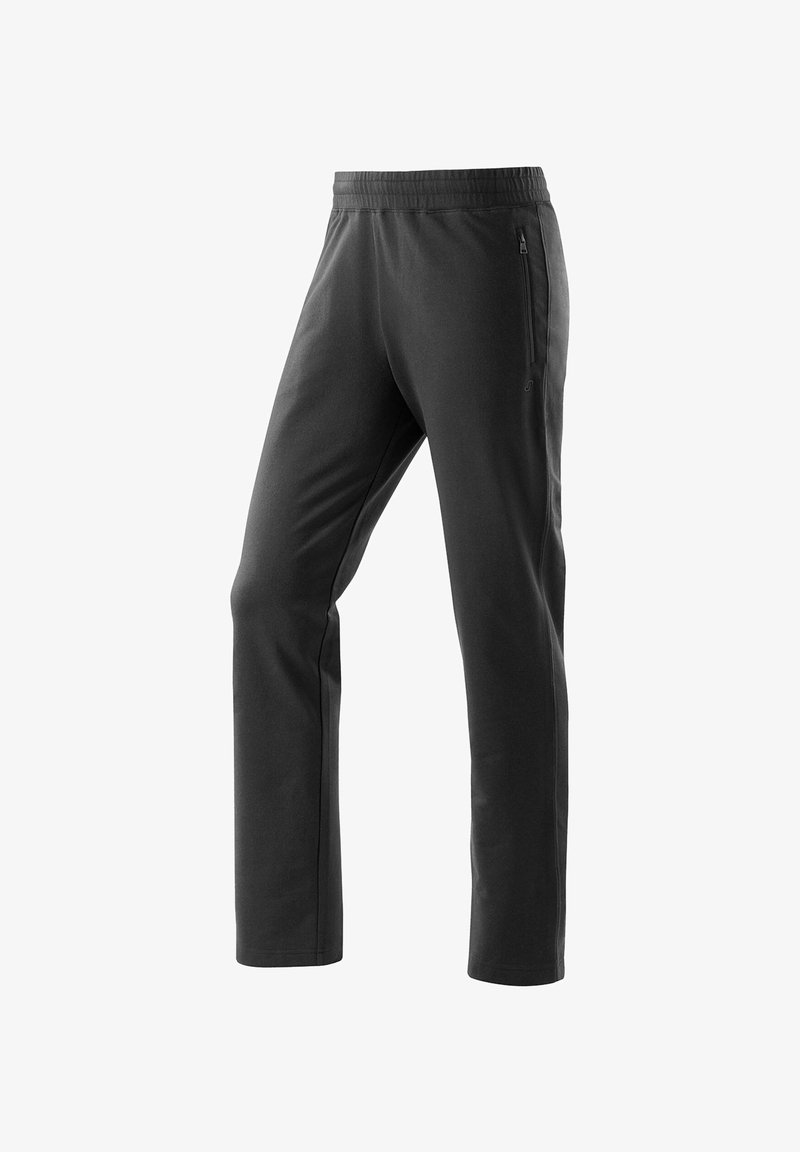 Zwarte sportbroek met een relaxte pasvorm, elastische tailleband en zijzakken met rits. Glad materiaal met een matte afwerking.