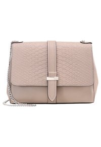 Borsa a tracolla beige con patta testurizzata che assomiglia a pelle di serpente, cinghia centrale con fibbia argentata e tracolla in catena argentata.