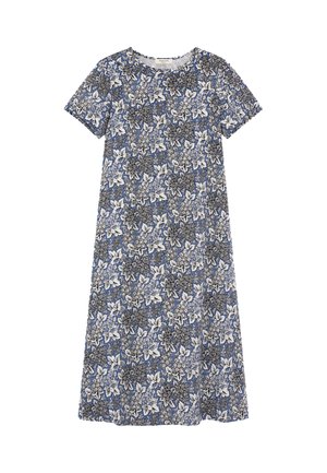 Vestito midi blu a maniche corte con motivo floreale bianco e nero, scollo rotondo e vestibilità morbida a linea ad A.