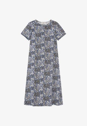 Vestito midi blu a maniche corte con motivo floreale bianco e nero, scollo rotondo e vestibilità morbida a linea ad A.