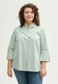 Camicia button-down a righe verticali verdi chiaro e bianche, con colletto, maniche fino ai tre quarti e taglio comodo.