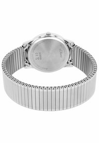 Silberne Edelstahl-Uhr mit einem glatten Gehäuseboden, einem eleganten Armband aus verbundenen rechteckigen Segmenten und einem minimalistischen Design.