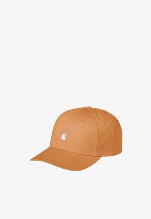 Gorra de béisbol color topo con visera curvada y pequeño logo blanco en el frente, hecha de tela con paneles cosidos y ojetes de ventilación.