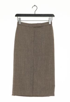 Brauner Bleistiftrock aus strukturiertem Stoff, mit einer taillierten Passform, knielanger Länge, glattem Bund und einer mittigen Naht.