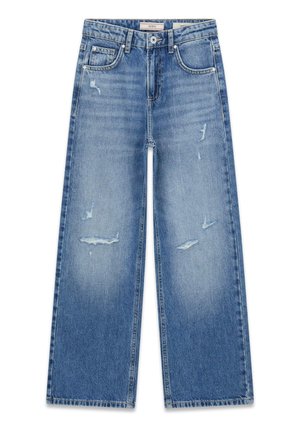 Hellblaue Jeans mit weitem Bein, mit used gehaltenen Details an den vorderen Oberschenkeln und Knien, fünf Taschen und einem Taillenbund mit Knopfverschluss.