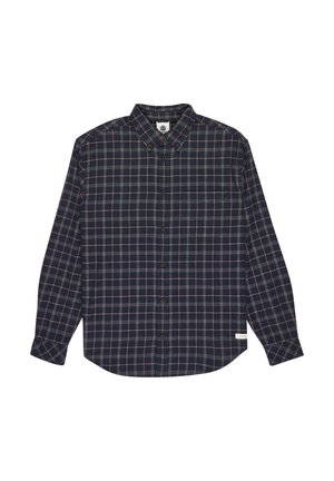 Navy plaid shirt with long sleeves, button-down collar, brown buttons, and a patch pocket. Fabric features a soft texture and check pattern.