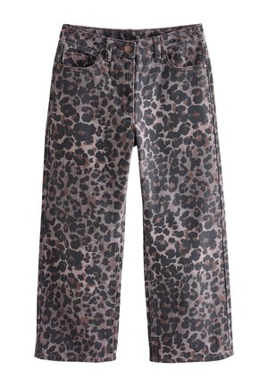 Jeans mit weitem Bein aus Denim mit schwarz-braunem Leopardenmuster, Frontknopfverschluss und Fünf-Taschen-Design.
