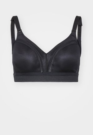 Zwarte bh van gladde stof, naadloze cups en een brede elastische band. Voorzien van verstelbare schouderbanden en decoratieve stikdetails.