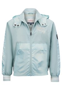 Giacca zip-up azzurro chiaro con cappuccio, tasche frontali, polsini a righe e la scritta "Keep on Moving" ricamata sul petto.