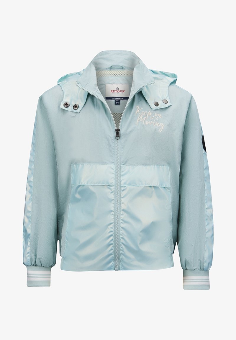 Giacca zip-up azzurro chiaro con cappuccio, tasche frontali, polsini a righe e la scritta "Keep on Moving" ricamata sul petto.