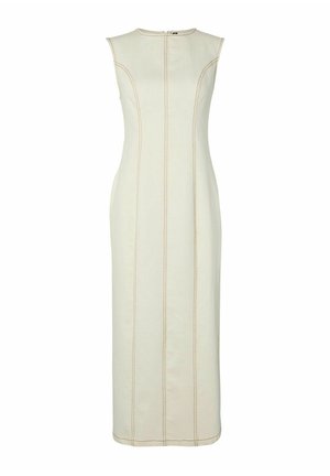 Robe midi sans manches blanc cassé avec surpiqûres contrastantes verticales, col rond, silhouette ajustée et fermeture zippée au dos.