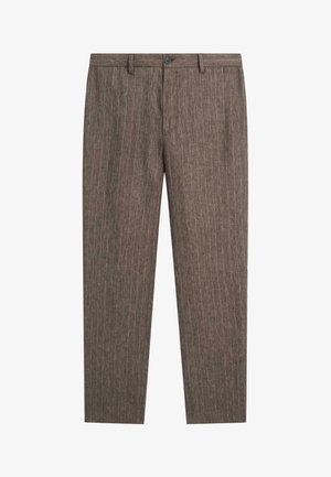 Pantaloni su misura marroni a righe con passanti per cintura, chiusura frontale con bottone e zip, presentati distesi su sfondo bianco.