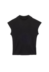 Svart ärmlös topp med hög krage, tillverkad av mjukt, stretchigt tyg. Har en boxig form och en ren, enkel design.