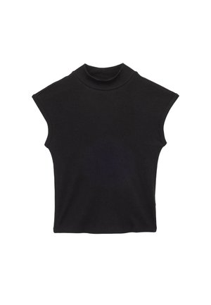 Zwarte mouwloze top met een hoge hals, vervaardigd van zachte, rekbare stof. Heeft een boxy vorm en een strak, eenvoudig ontwerp.