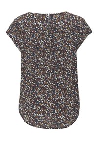 Blouse à manches courtes avec fond sombre et petit motif floral blanc, marron et rouge, avec fermeture éclair au dos.