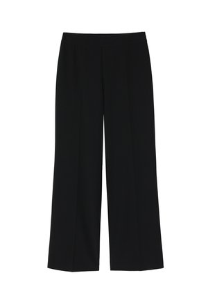 Pantalons larges noirs en tissu lisse ; dotés d'une taille plate et sans poches visibles, offrant un design minimaliste.