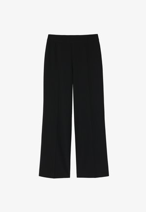 Mustad lai jalgadega pükse, mis on valmistatud siledast kangast; neil on lame vöökoht ja nähtavaid taskuid ei ole, pakkudes minimalistlikku disaini.