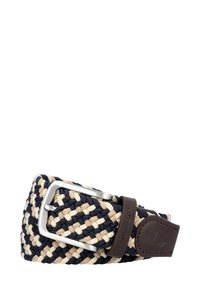 Elastyczny pas tkany w granacie i beżu z metalową klamrą w kolorze srebrnym. Posiada brązowe skórzane akcenty oraz charakterystyczne oznaczenie na skórzanym pasku.
