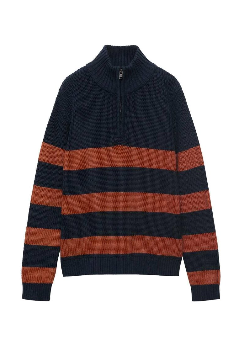 Navy ja oranssi raitapaita, jossa on korkea kaulus ja osittainen vetoketju. Valmistettu teksturoidusta neulemateriaalista, jossa on ribbireunat hihoissa ja helmassa.