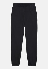 Svarta joggingsbyxor med dragsko och elastiska muddar, med sidofickor och ett mjukt, strukturerat tyg. Enkel design med rak ben. 