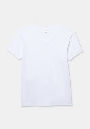 T-shirt bianco a maniche corte con scollo a V, realizzato in morbido cotone. Presenta un design semplice e senza cuciture con un orlo standard.