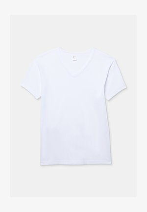 T-shirt bianco a maniche corte con scollo a V, realizzato in morbido cotone. Presenta un design semplice e senza cuciture con un orlo standard.