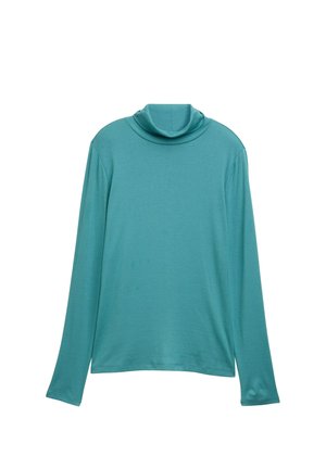 Turquoise long-sleeve turtleneck top with a relaxed fit, made from smooth fabric. Features a folded collar and no visible patterns.
