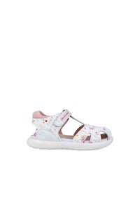 Sandalias infantiles de material sintético blanco con patrones florales coloridos. Diseño abierto en la parte delantera, correa ajustable y suela acolchada.