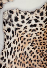Tejido con estampado de leopardo que presenta una combinación de manchas marrón claro y negro sobre un fondo beige, con una textura suave y lisa.
