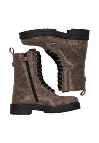 Bruine gespikkelde leren enkellaarsjes met zwarte veters en een zijrits. Massieve zwarte rubberen zool met textuur voor grip en een trekflap.