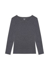 Maglietta a maniche lunghe di colore grigio scuro, collo rotondo, tessuto morbido con leggera texture, design aderente, senza motivi visibili o accessori.