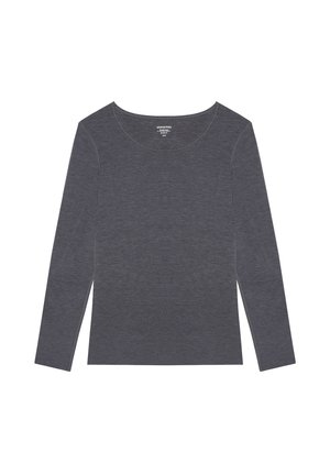 Haut à manches longues en gris foncé, col rond, tissu doux avec une légère texture, coupe ajustée, sans motifs ni pièces métalliques visibles.