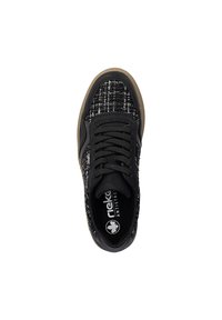Black sneaker with a textured fabric upper, featuring a speckled design in gray, a round toe, and black laces. Rubber sole.
