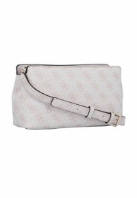 Borsa a mano di colore rosa chiaro con superficie testurizzata, caratterizzata da un motivo monogram, chiusura con zip e tracolla regolabile con fibbia in metallo.