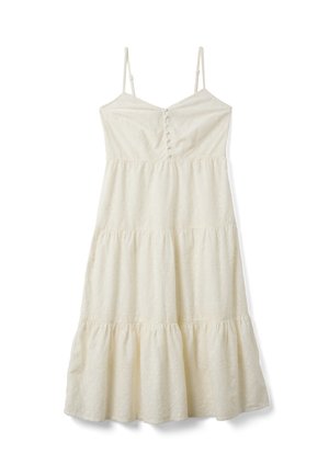 Vestito midi crema senza maniche con sottili spalline, bottoni frontali, gonna a balze e motivo sottile e strutturato su tessuto leggero.