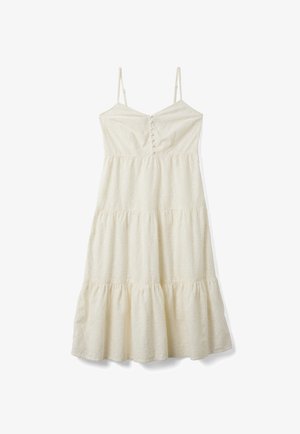 Vestito midi crema senza maniche con sottili spalline, bottoni frontali, gonna a balze e motivo sottile e strutturato su tessuto leggero.