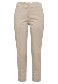 Beige op maat gemaakte broeken met een platte voorkant, een standaard tailleband met riemlussen en een taps toelopend been. Gladde stof met een minimale textuur.