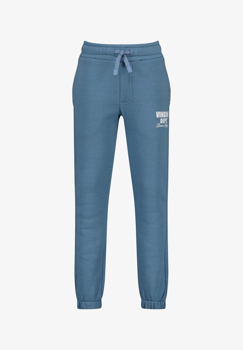 Zils sporta bikses, kas izgatavotas no mīkstas auduma ar elastīgu jostasvietu un auklu. Iespējas ar ribotām piedurknēm un baltu drukātu logotipa detaļu.