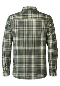 Chemise à manches longues avec un motif à carreaux vert, blanc et gris foncé, montrant le dos avec des poignets boutonnés et un col plié.