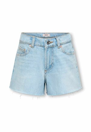 Lyseblå denimshorts med frynsete kanter, knapp foran, glidelås, beltehemper og lommer foran og myntlomme.