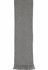 Sciarpa grigia lavorata a maglia con una texture a coste e bordi frangiati, caratterizzata da una forma rettangolare semplice e allungata. Design durevole e versatile.