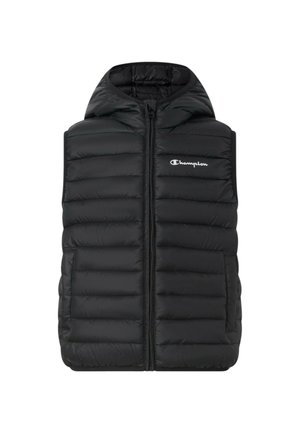 Gilet imbottito nero con cappuccio, cerniera frontale, trapuntatura orizzontale e logo Champion bianco sul petto. Nessuno sfondo visibile.